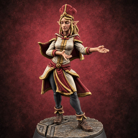 Velvet Rope Poise Elf Female Hostess in Tall Cap and Cape with Presenting Hands — painted concept preview (miniature supplied unpainted)