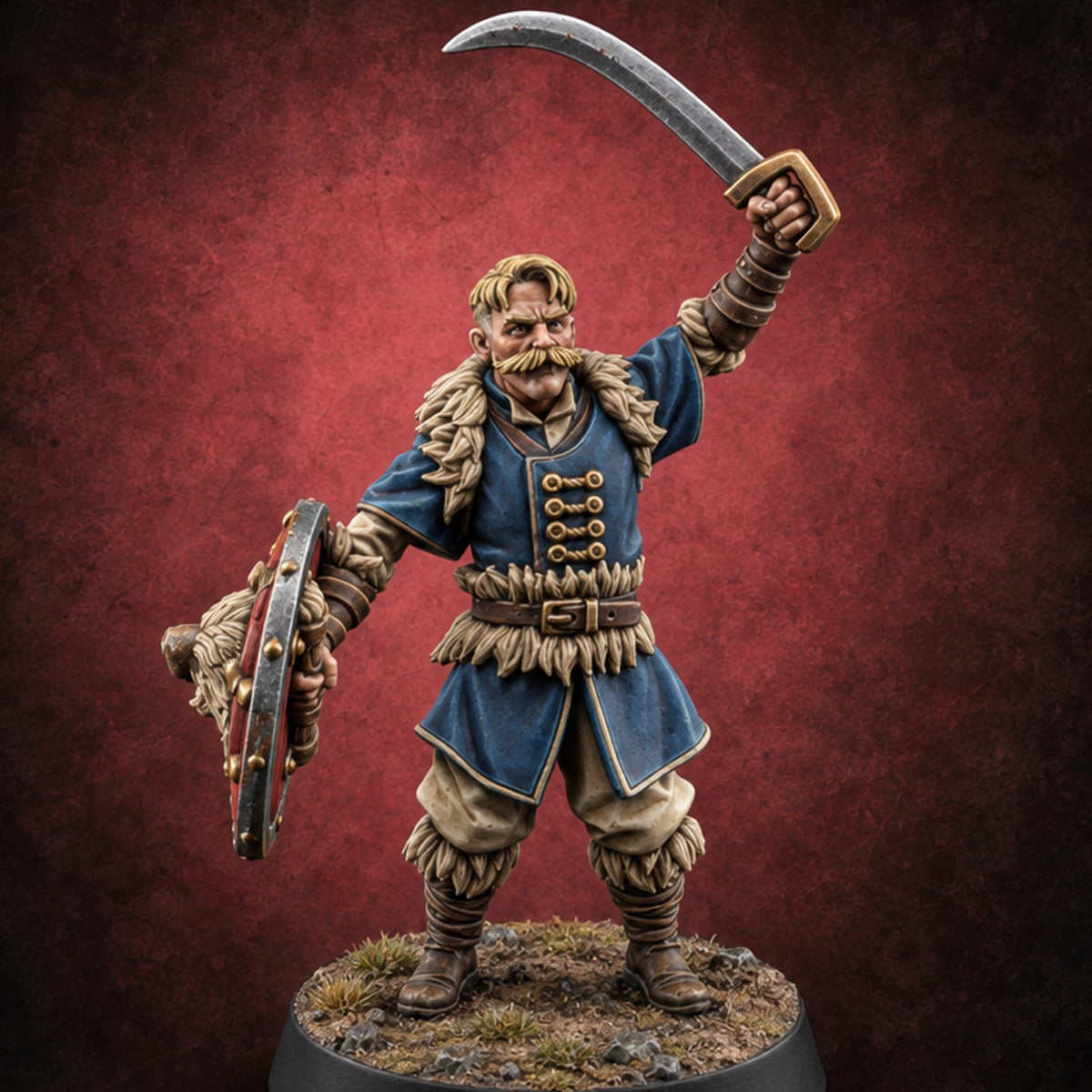 Shields Studded, Moustaches Bristling Human Sabre and Shield Warrior A — painted concept preview (miniature supplied unpainted)