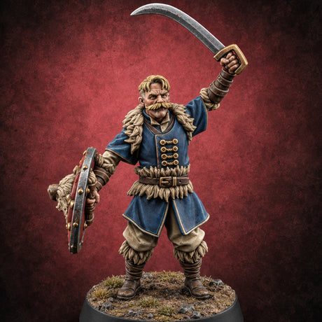 Shields Studded, Moustaches Bristling Human Sabre and Shield Warrior A — painted concept preview (miniature supplied unpainted)
