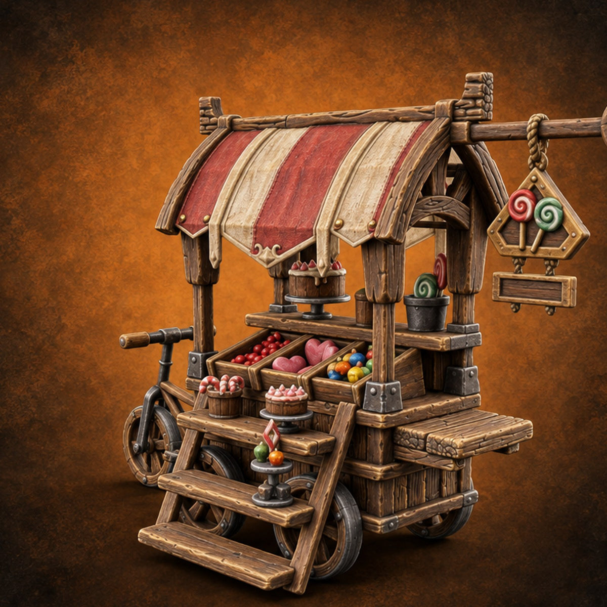 Sweet Tooth Pop-Up Wooden Candy Seller Market Piece B — painted concept preview (terrain supplied unpainted)