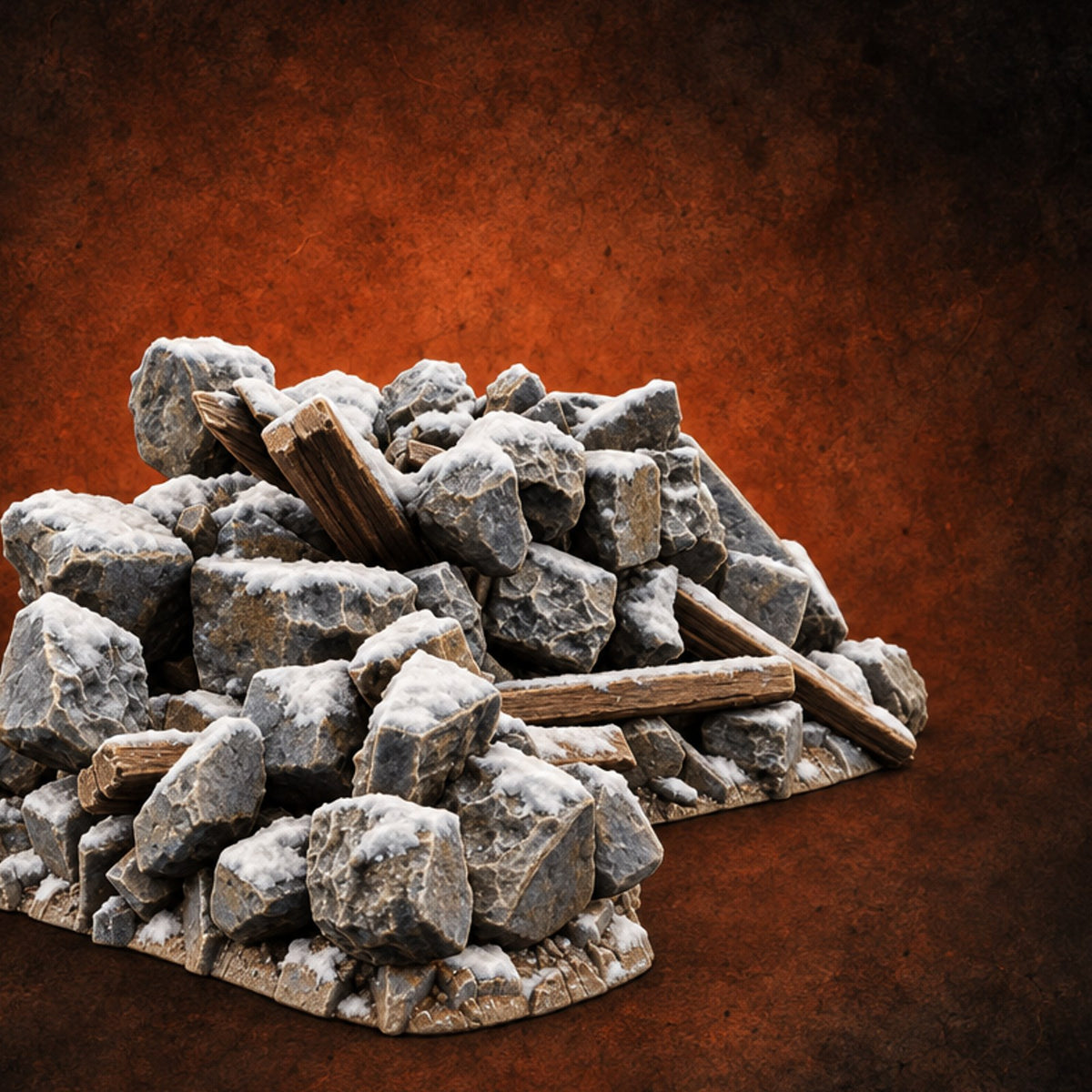Snow Topped Stone and Timber Rubble Pile D — painted concept preview (terrain supplied unpainted)