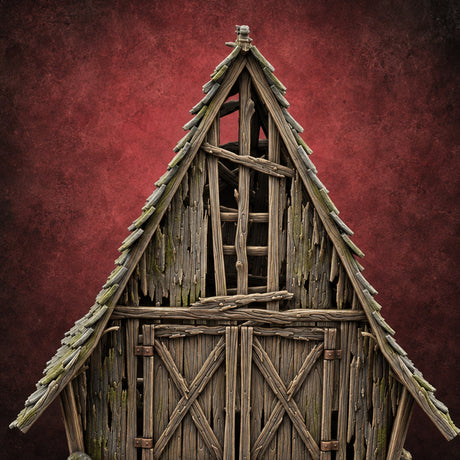 Hayloft Gone Hollow Ruined A-Frame Wooden Barn with Double Doors and Open Loft — painted concept preview (terrain supplied unpainted)