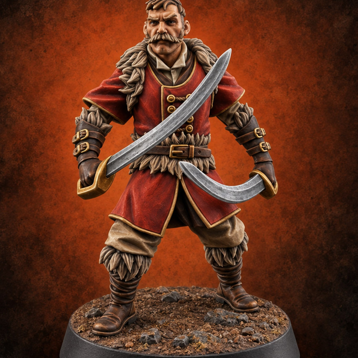Moustache Waxed, Sabres Drawn Twice Human Dual Sabre Warrior B — painted concept preview (miniature supplied unpainted)