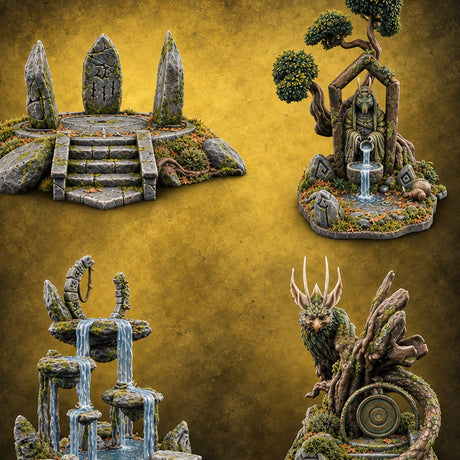 Wardens of the Mossy Threshold Forest Shrine Terrain Set — painted concept preview (terrain supplied unpainted)