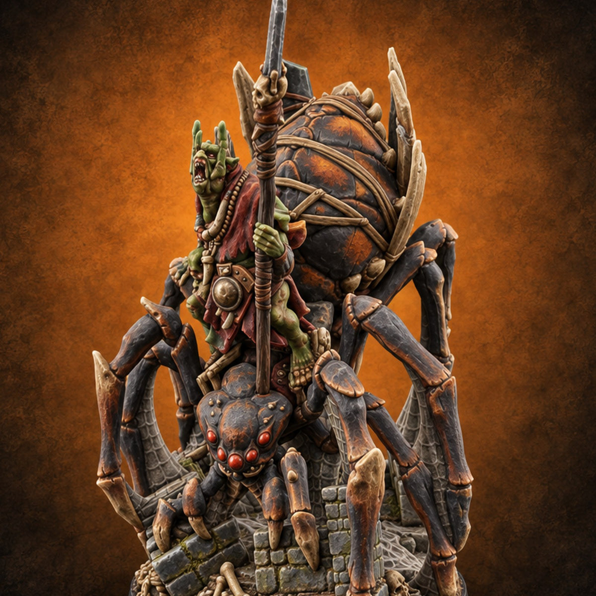 Webs Over Crumbling Brick Goblin Chief and Giant Spider C — painted concept preview (miniature supplied unpainted)