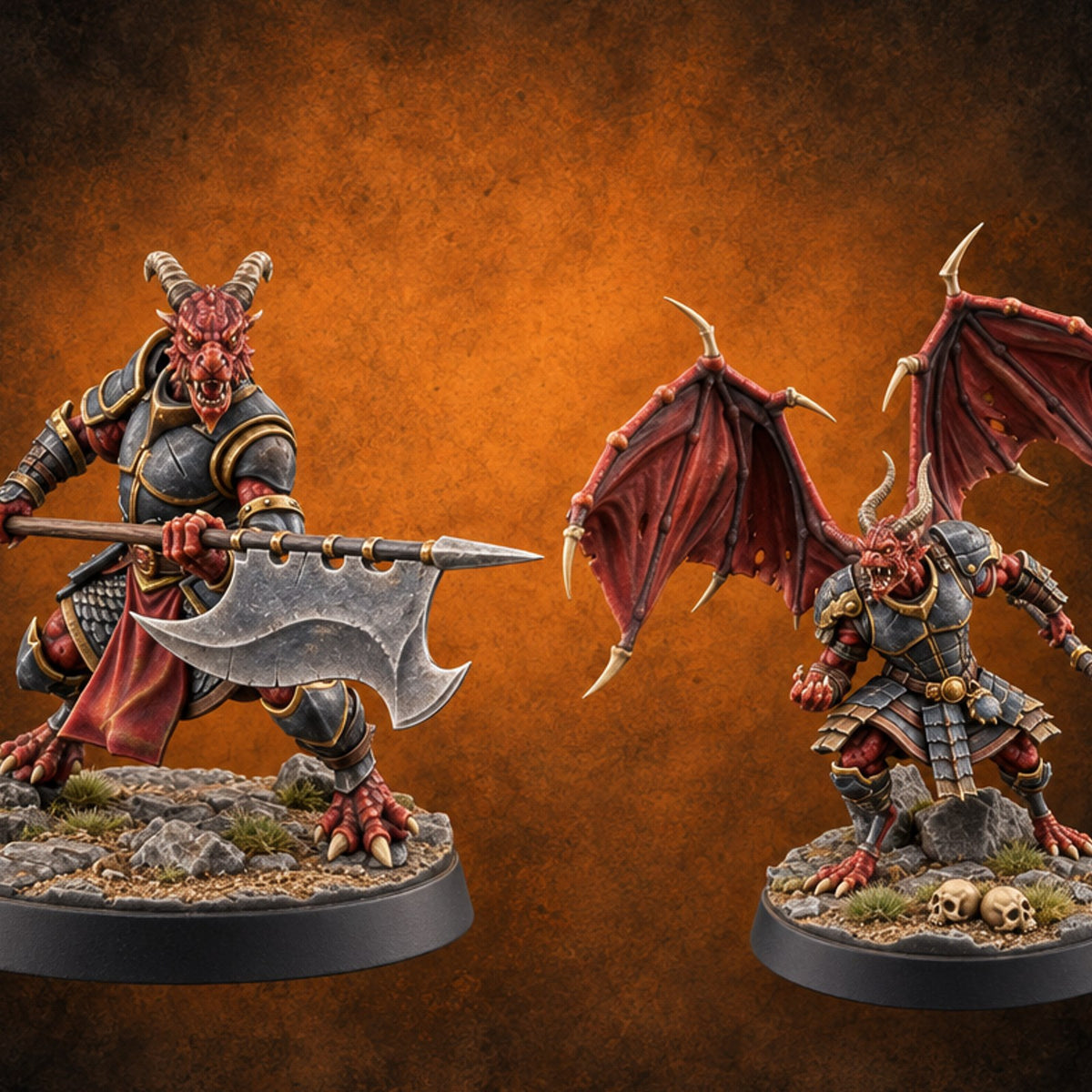 One Grounded, One Gliding Dragonborn Warriors — painted concept preview (miniature supplied unpainted)