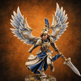 Dawn Lands Running Aasimar Female Paladin with Spear and Feathered Wings — painted concept preview (miniature supplied unpainted)