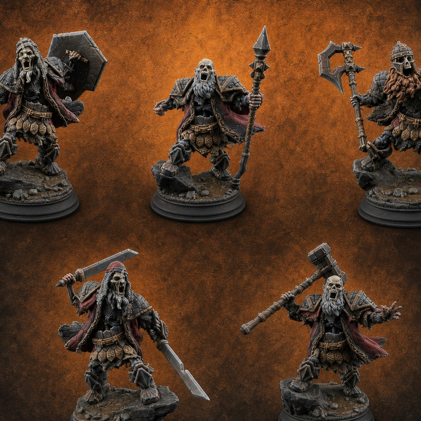 Risen and Roaring Undead Dwarf Warriors — painted concept preview (miniature supplied unpainted)
