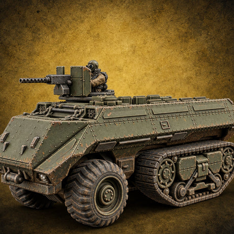 Half Wheels, Half Tracks Sci-Fi Armoured Half-Track Vehicle with Gunner — painted concept preview (miniature supplied unpainted)