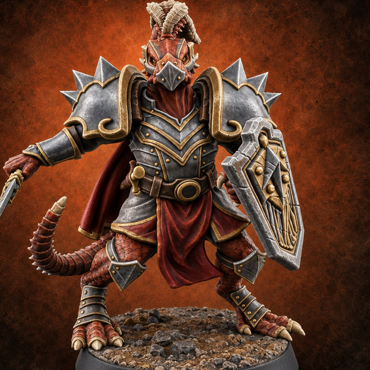 Shield Braced Dragonborn Champion — painted concept preview (miniature supplied unpainted)