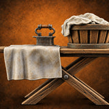 Tomorrow's Shirts, Today's Heat Wooden Folding Ironing Board — painted concept preview (terrain supplied unpainted)