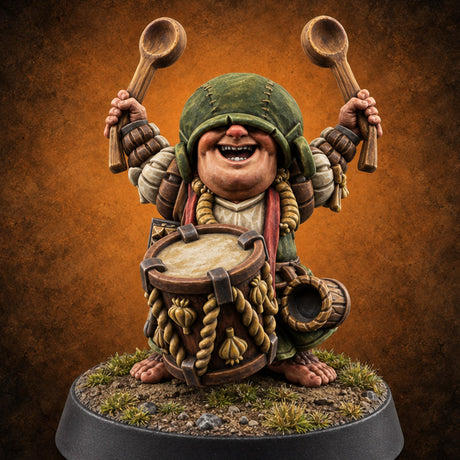 Wooden Spoons, Full Orchestra Halfling Drummer — painted concept preview (miniature supplied unpainted)