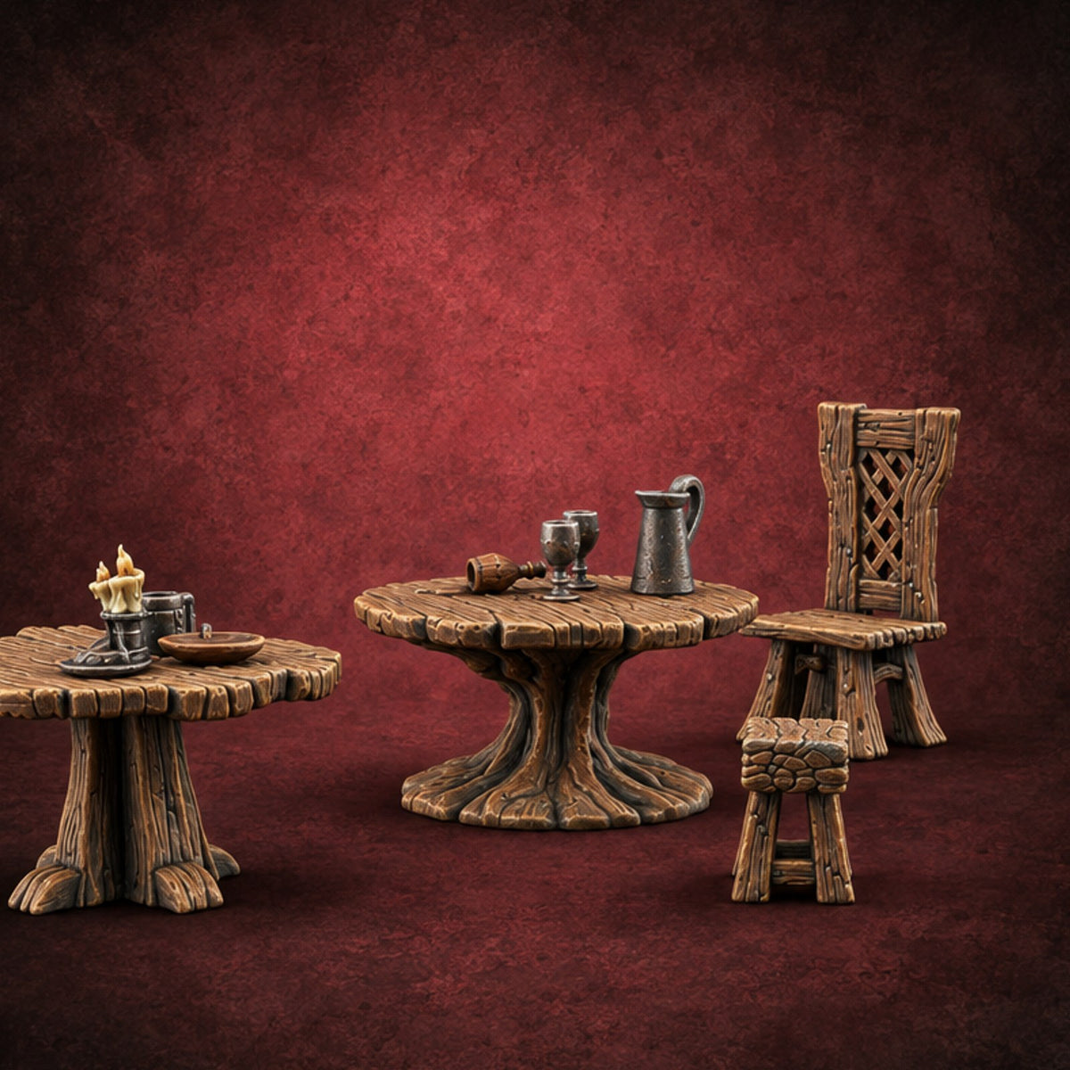 Stump Tables, Seats Saved Wooden Tavern Tables and Chairs — painted concept preview (terrain supplied unpainted)
