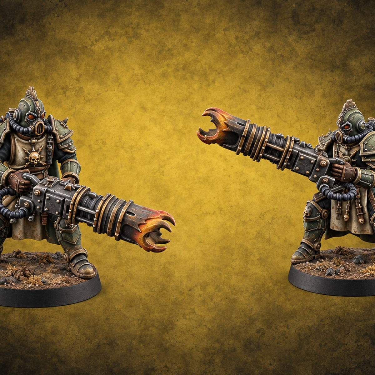 Fuel Line Hissing Human Gas-Masked Flamer Gunners — painted concept preview (miniature supplied unpainted)