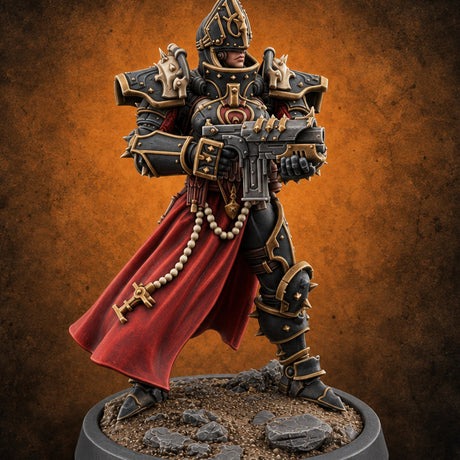 Faith Loaded, Rosary Wound Human Armoured Warrior A — painted concept preview (miniature supplied unpainted)