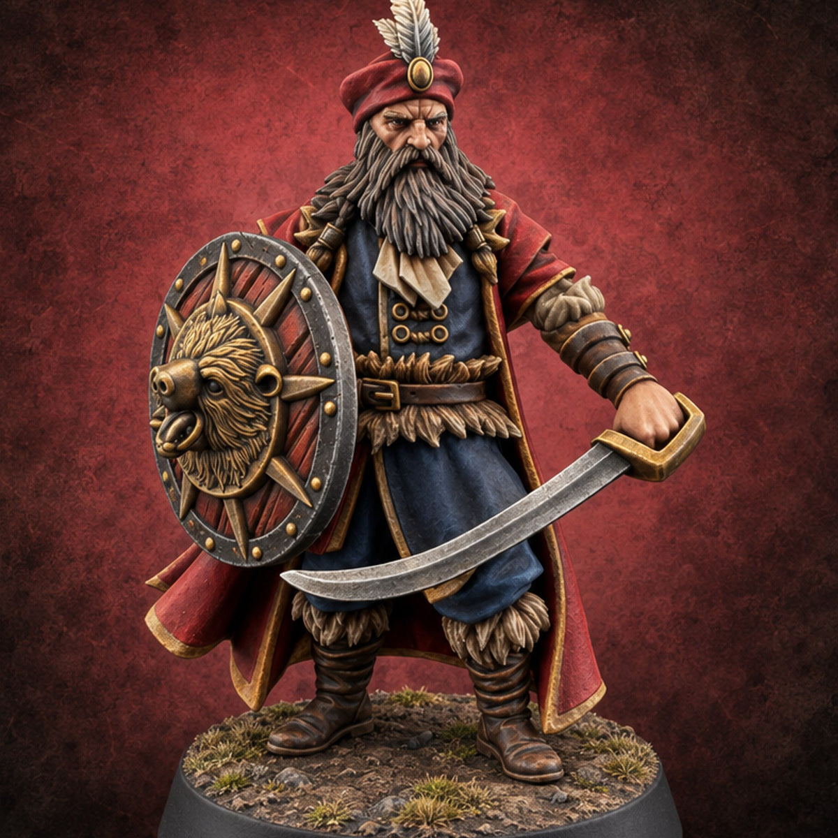 Shields Studded, Moustaches Bristling Human Sabre and Shield Warrior E — painted concept preview (miniature supplied unpainted)