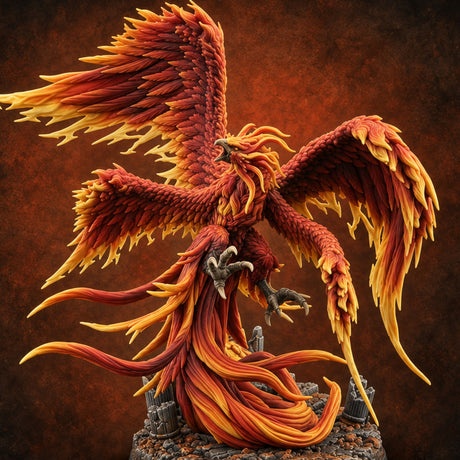 Ash Is Just a Phase Phoenix Flame-Feathered Firebird with Trailing Plumes — painted concept preview (miniature supplied unpainted)