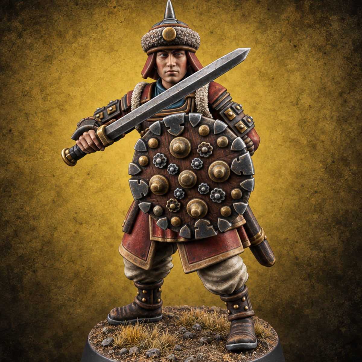 Shields Studded, Steel Singing Human Steppe Swordsman A — painted concept preview (miniature supplied unpainted)