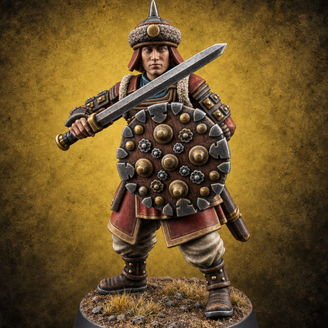 Shields Studded, Steel Singing Human Steppe Swordsman A — painted concept preview (miniature supplied unpainted)