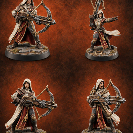 Pray, Then Aim Human Female Hooded Crossbow Arbalists — painted concept preview (miniature supplied unpainted)