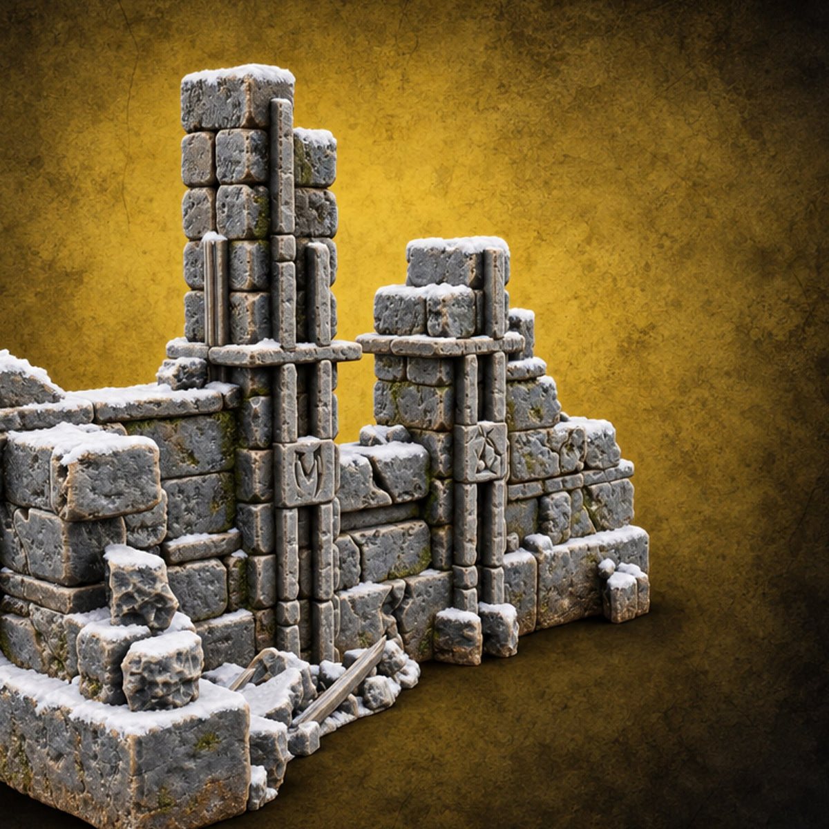 Snow Capped Ruined Stone Wall B — painted concept preview (terrain supplied unpainted)