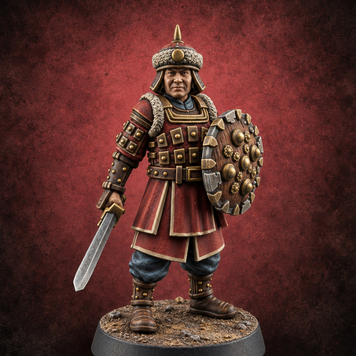 Shields Studded, Steel Singing Human Steppe Swordsman F — painted concept preview (miniature supplied unpainted)
