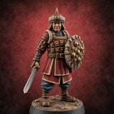 Shields Studded, Steel Singing Human Steppe Swordsman F — painted concept preview (miniature supplied unpainted)