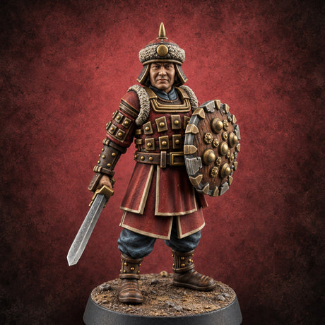Shields Studded, Steel Singing Human Steppe Swordsman F — painted concept preview (miniature supplied unpainted)