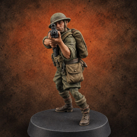 Sweeping the Perimeter Human Bullpup Rifleman B — painted concept preview (miniature supplied unpainted)