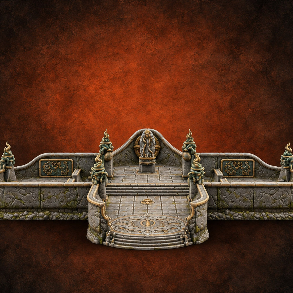 Climb Slowly, Kneel Gladly Walled Shrine Courtyard with Grand Staircase and Statue Dais — painted concept preview (terrain supplied unpainted)