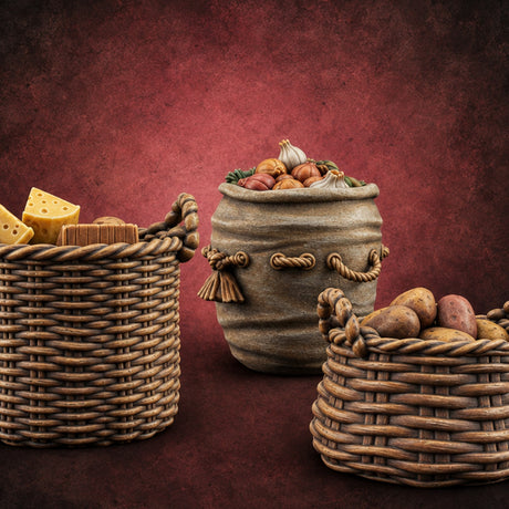 Larder Run, Three Ways Food Basket and Sack Set — painted concept preview (terrain supplied unpainted)