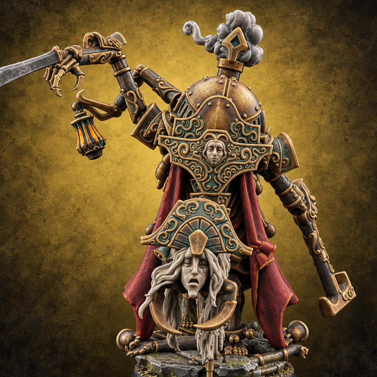 Taking Its Bow in Brass Warforged Ornate Multi-Armed Automaton with Curved Blade and Lantern — painted concept preview (miniature supplied unpainted)