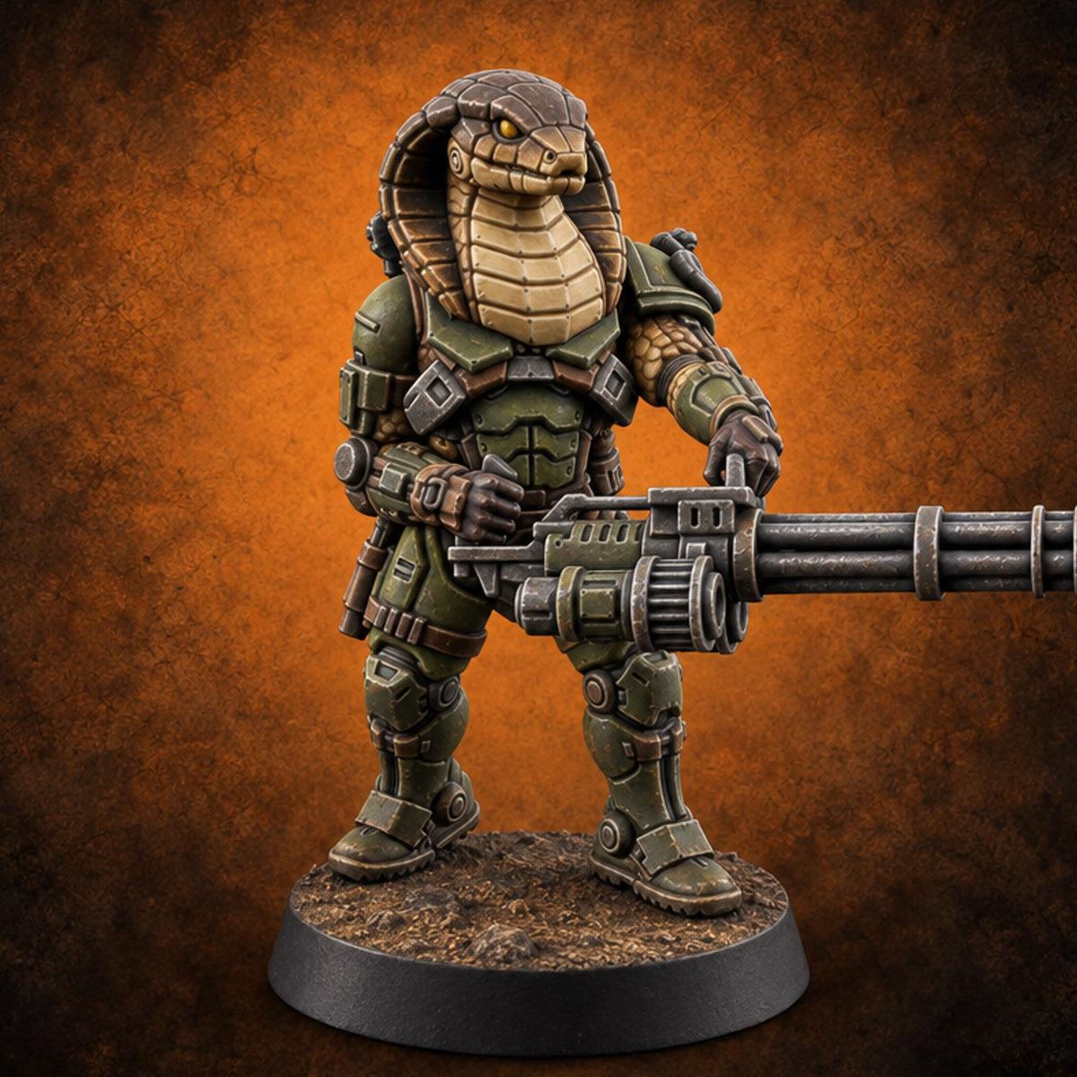 Spins Up Before It Strikes Yuan-ti Pureblood Cobra Heavy Gunner with Rotary Cannon — painted concept preview (miniature supplied unpainted)