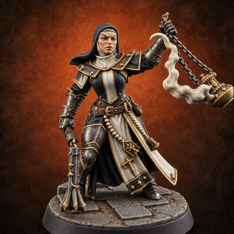 Pray Loud, Swing Louder Human Female Armoured Nun C — painted concept preview (miniature supplied unpainted)