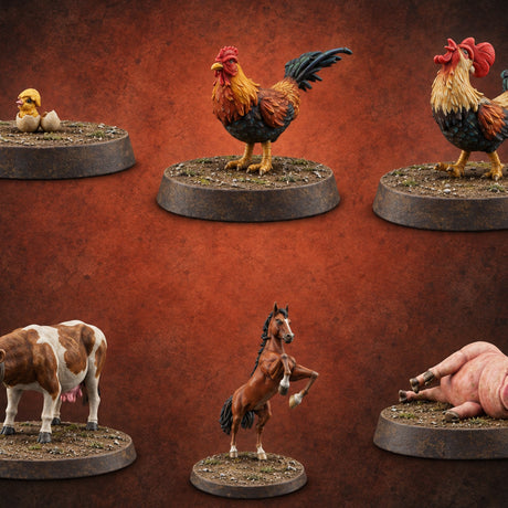 Barnyard Antics Farm Animals — painted concept preview (miniature supplied unpainted)