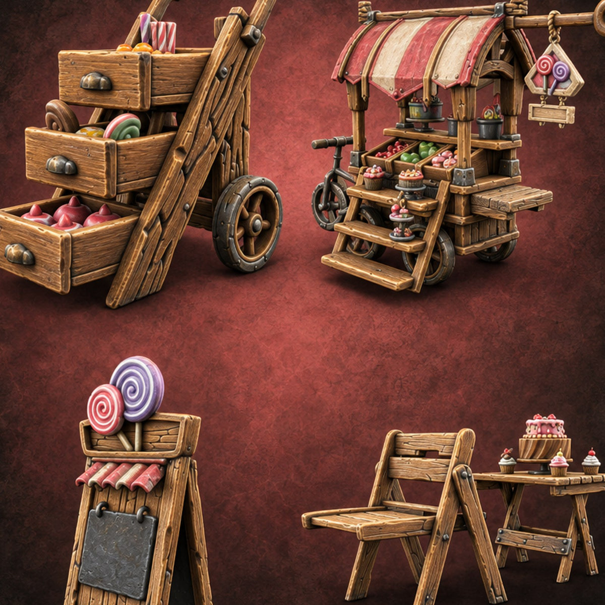 Sweet Tooth Pop-Up Wooden Candy Seller Market Set — painted concept preview (terrain supplied unpainted)