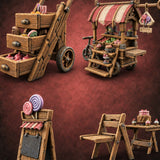 Sweet Tooth Pop-Up Wooden Candy Seller Market Set — painted concept preview (terrain supplied unpainted)