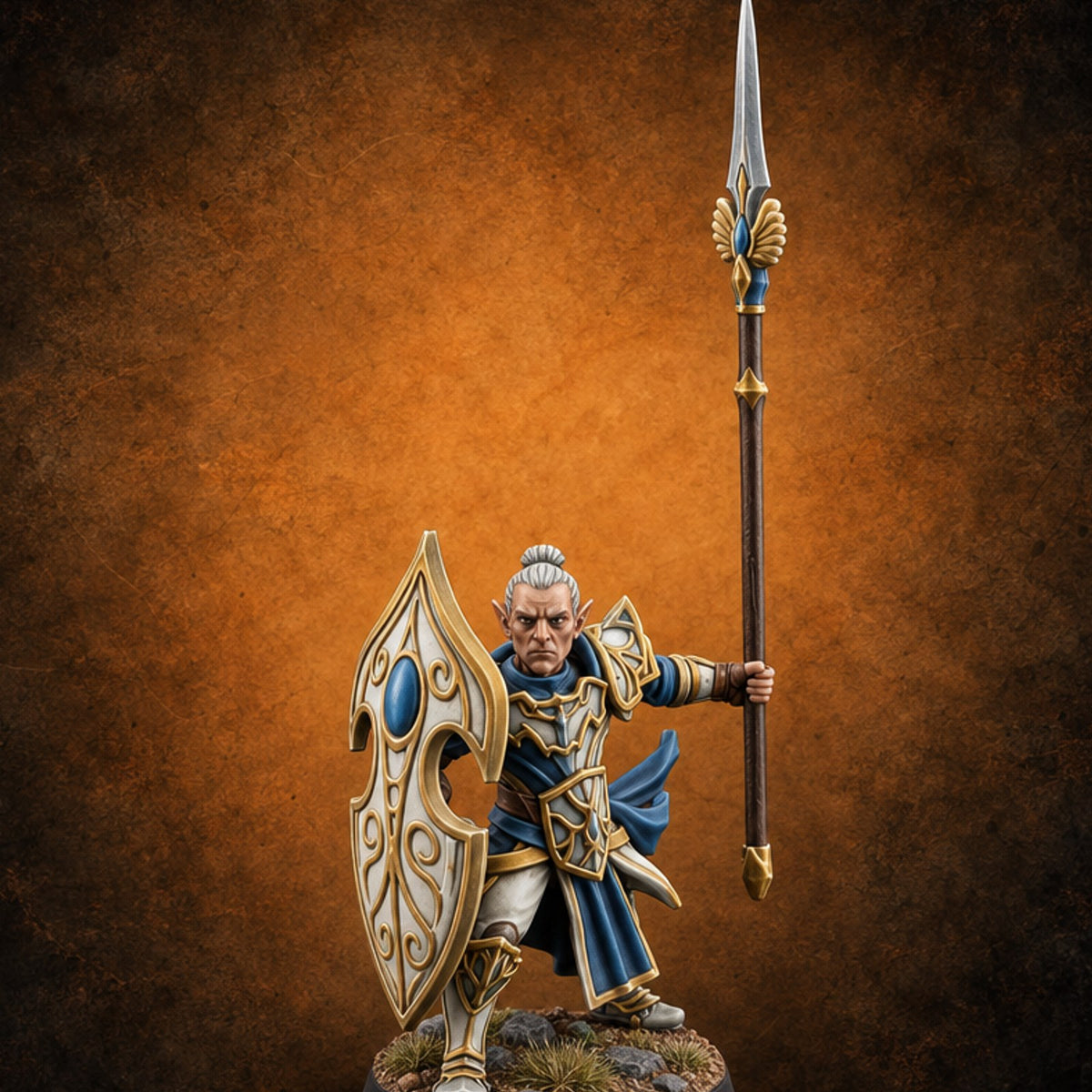 Shields Leaf-Shaped, Spears Skyward Elf Spear and Shield Guard B — painted concept preview (miniature supplied unpainted)