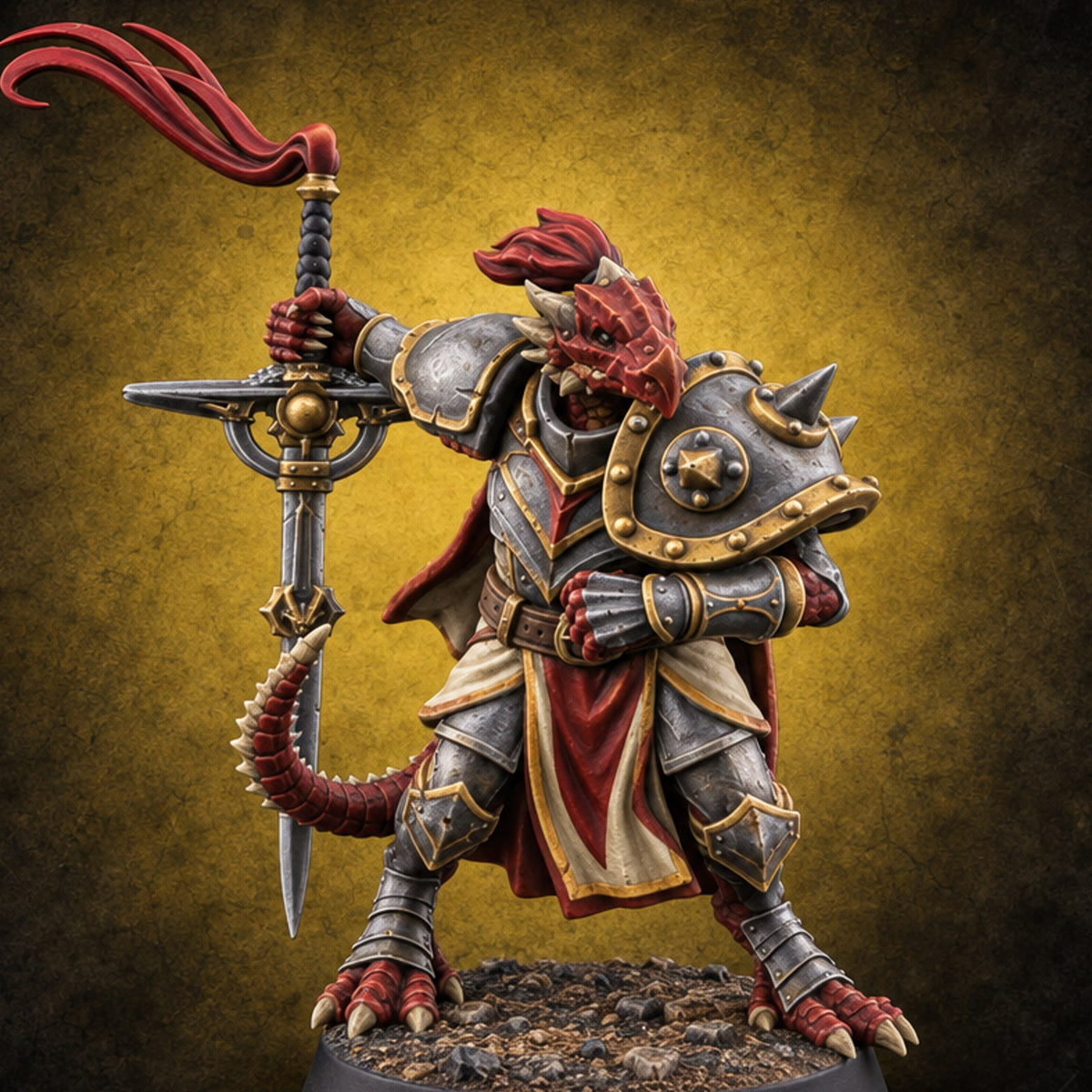 Cross-Guard Raised Dragonborn Champion — painted concept preview (miniature supplied unpainted)