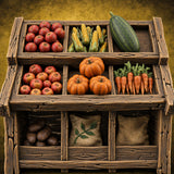 Harvest Tiers, Sack Below Wooden Produce Display Rack — painted concept preview (terrain supplied unpainted)