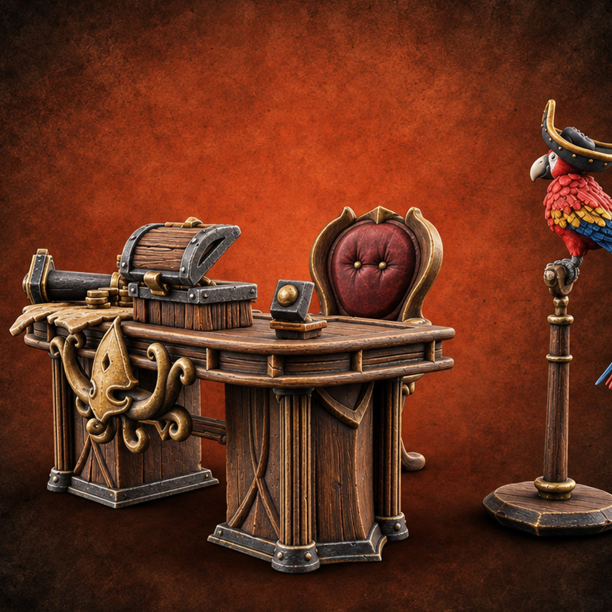 Squid Desk, Parrot Witness Wooden Pirate Captain's Desk — painted concept preview (terrain supplied unpainted)