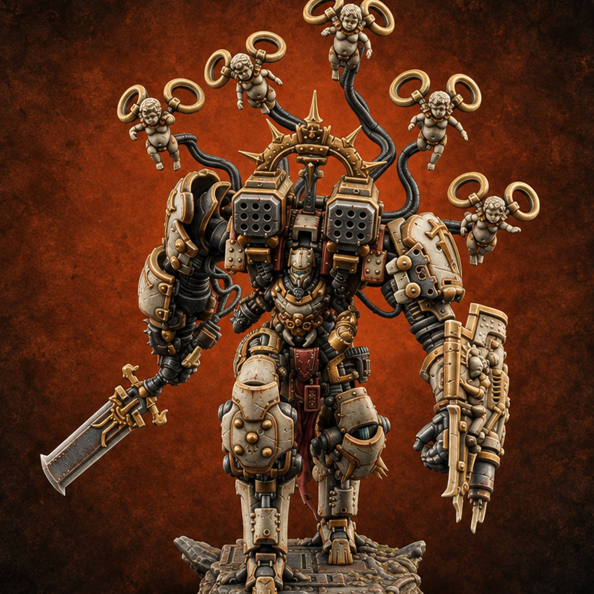 Pilot Light of Faith Warforged Mech Suit Sentinel E — painted concept preview (miniature supplied unpainted)