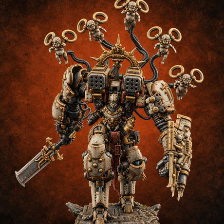 Pilot Light of Faith Warforged Mech Suit Sentinel E — painted concept preview (miniature supplied unpainted)