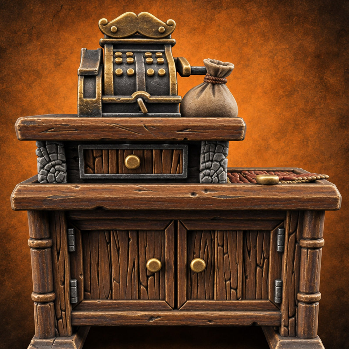 Moustache Money Counts Wooden Shop Counter — painted concept preview (terrain supplied unpainted)
