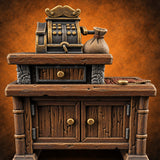 Moustache Money Counts Wooden Shop Counter — painted concept preview (terrain supplied unpainted)