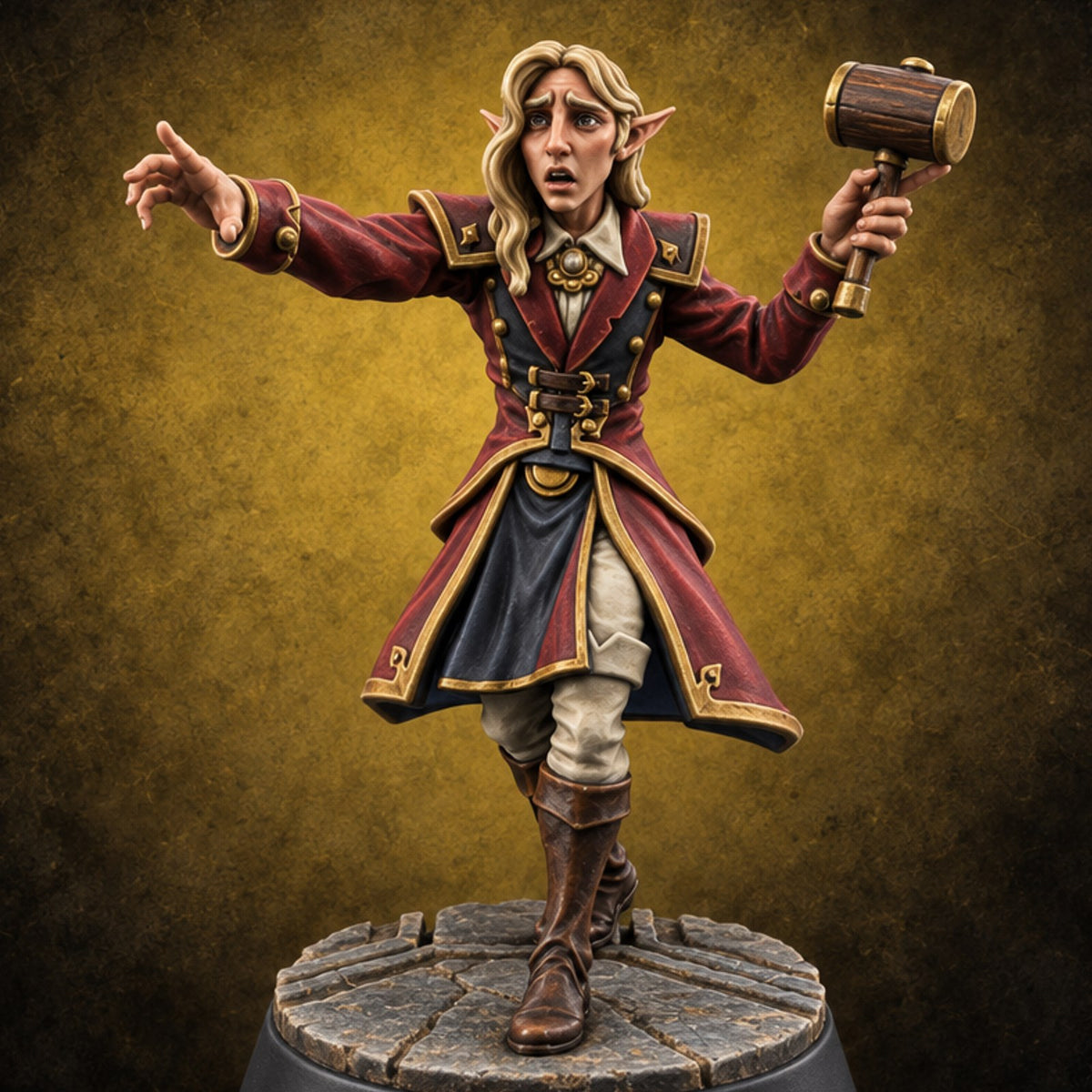 Bid Withdrawn in Panic Elf Male Auctioneer with Mallet and Long Coat — painted concept preview (miniature supplied unpainted)
