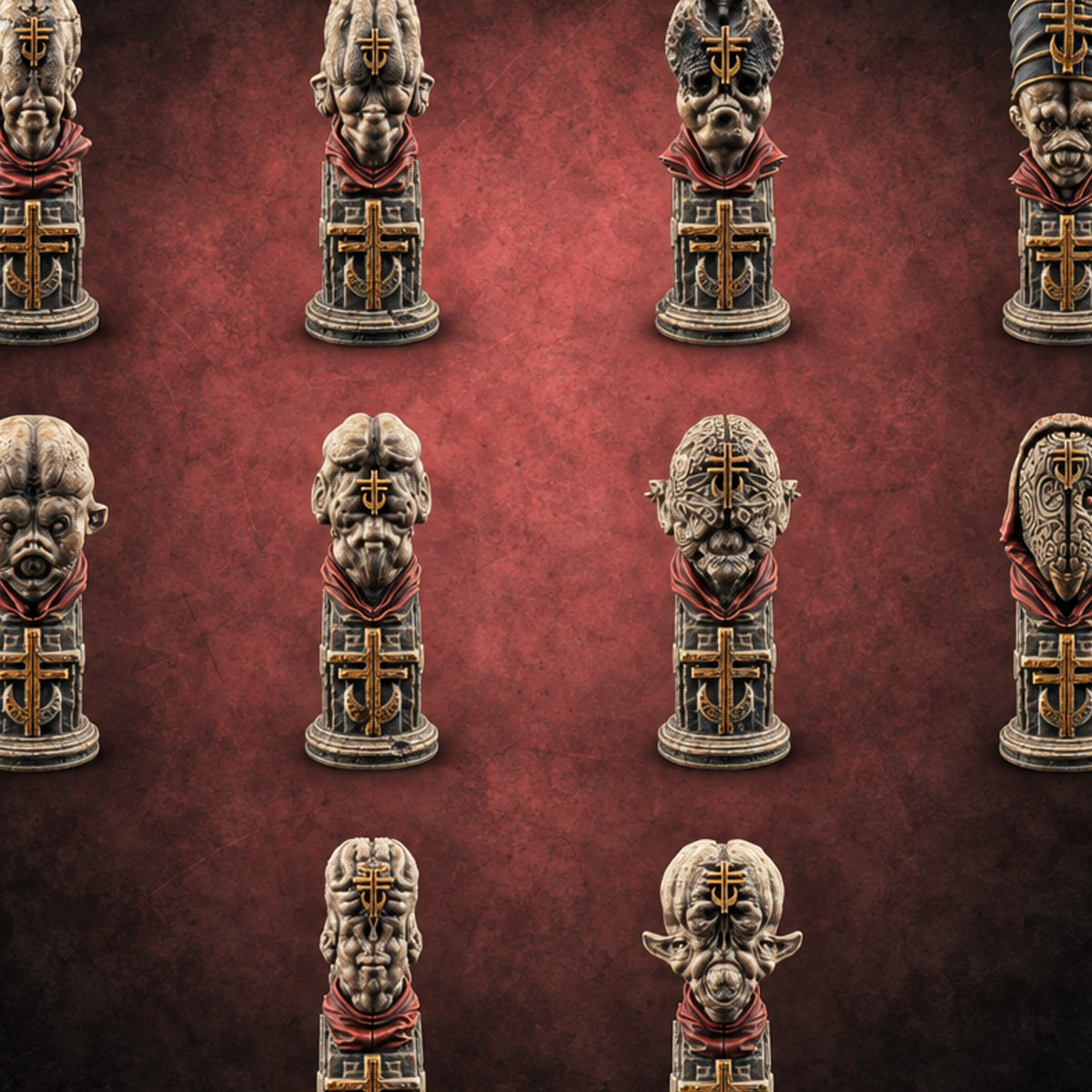 Every Face, One Creed Heretic Statues — painted concept preview (terrain supplied unpainted)