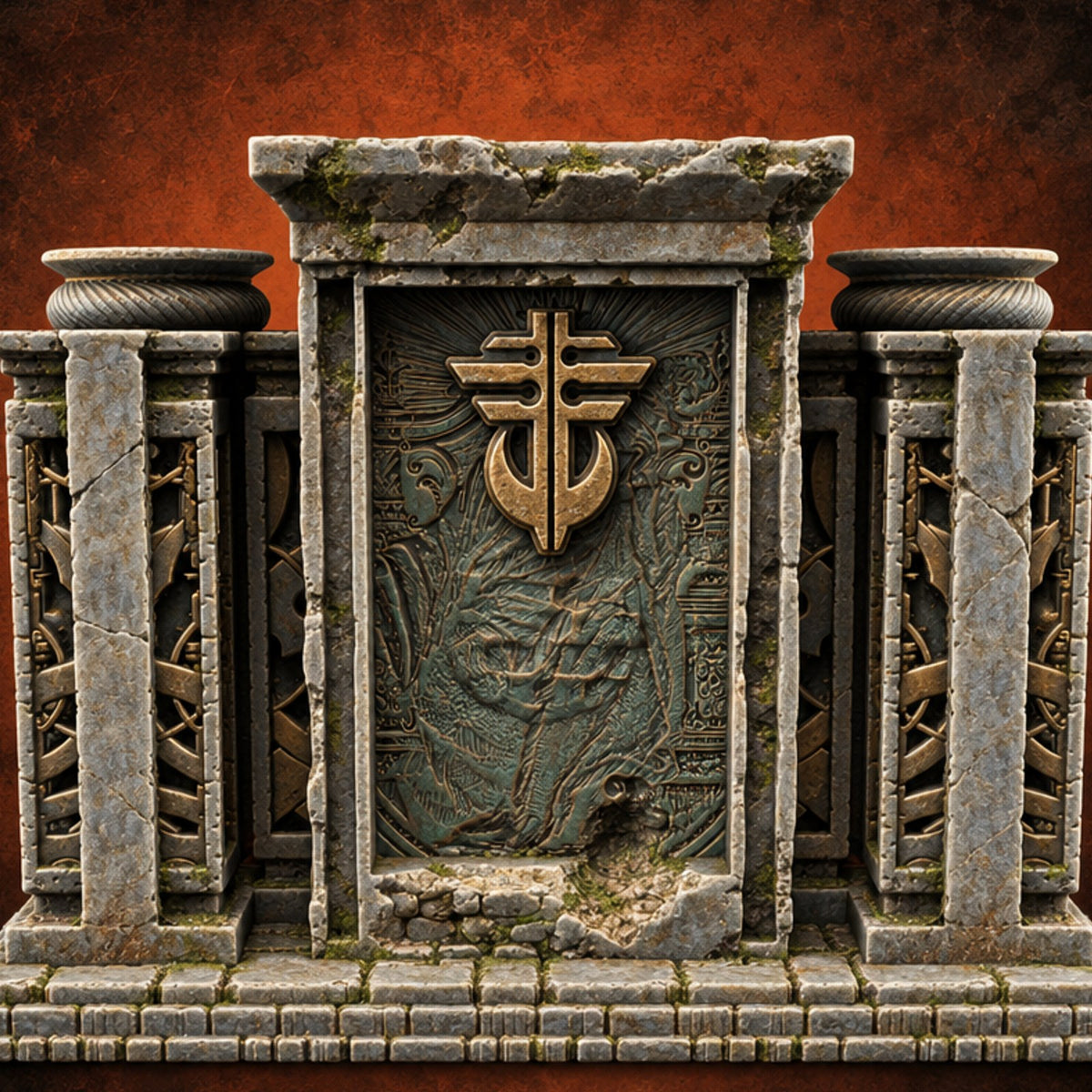 Doors Sealed, Pillars Still Praying Ornate Temple Gate Ruin B — painted concept preview (terrain supplied unpainted)