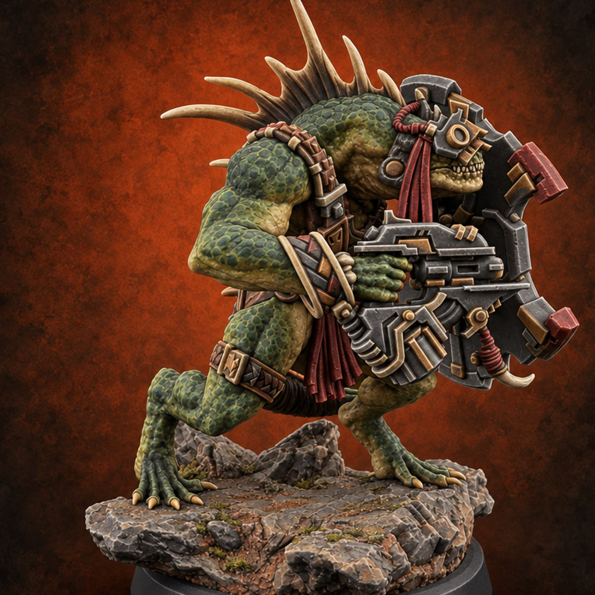 Spines Up on Broken Ground Lizardfolk Shield Gunner E — painted concept preview (miniature supplied unpainted)