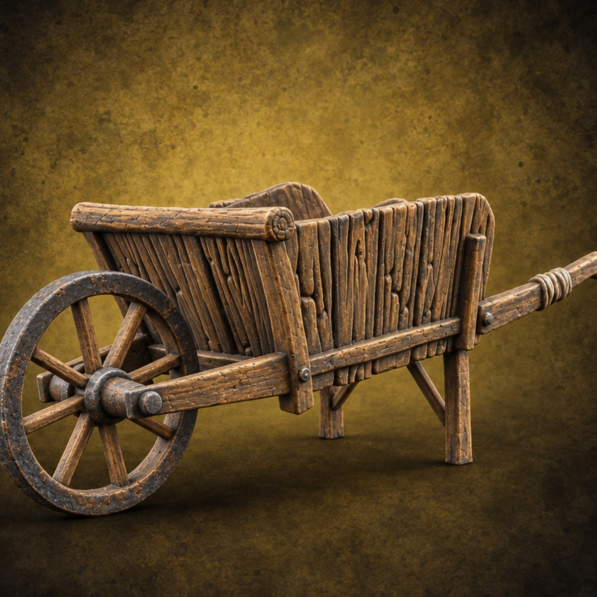 One Wheel, Many Opinions Wooden Wheelbarrow — painted concept preview (terrain supplied unpainted)